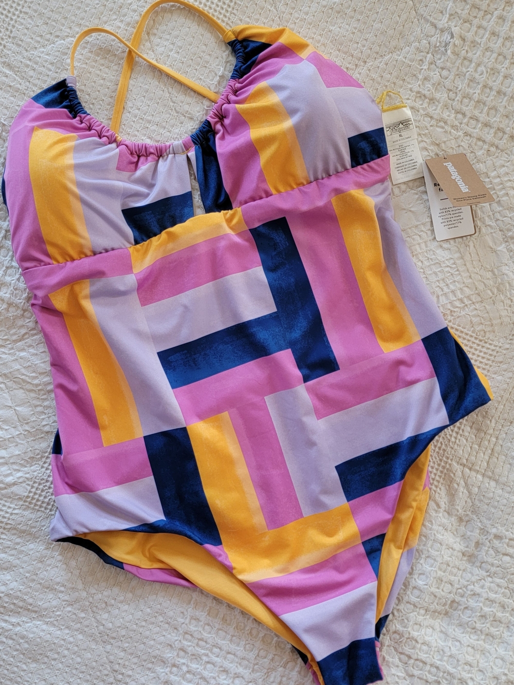 NWT Patagonia Colorblock Geo One-Piece Swimsuit in Pink, Yellow, Navy, Lavender